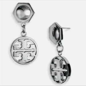 Tory Burch silver tone small logo drop earrings